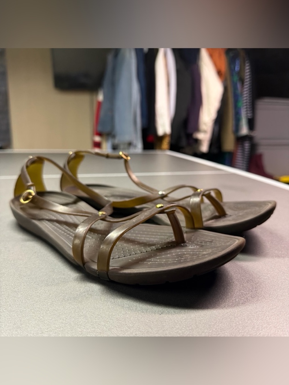 Crocs Flat Brown Sandals Gold Accent Sexy Women US Size 10